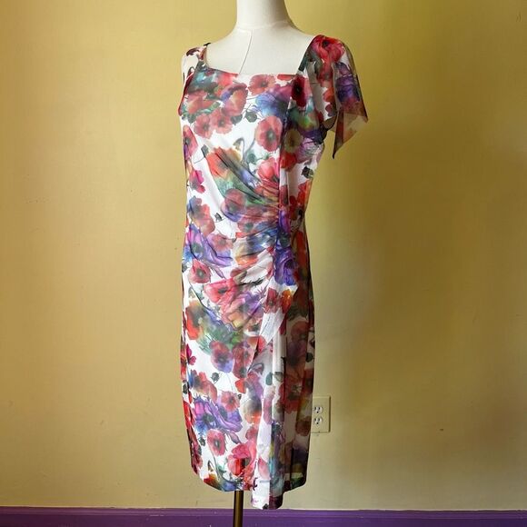 Joseph Ribkoff Floral Mesh Sheath Dress Watercolor Print Ruched Asymmetrical 12‎ - Picture 10 of 10